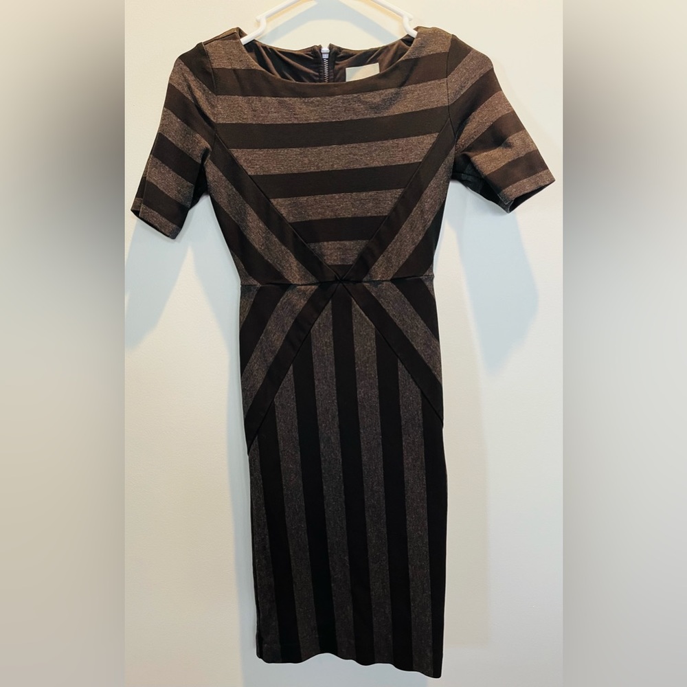 Anthropologie Maeve Geoplane Black Dark Grey Stripe Form Fitting Pencil Dress